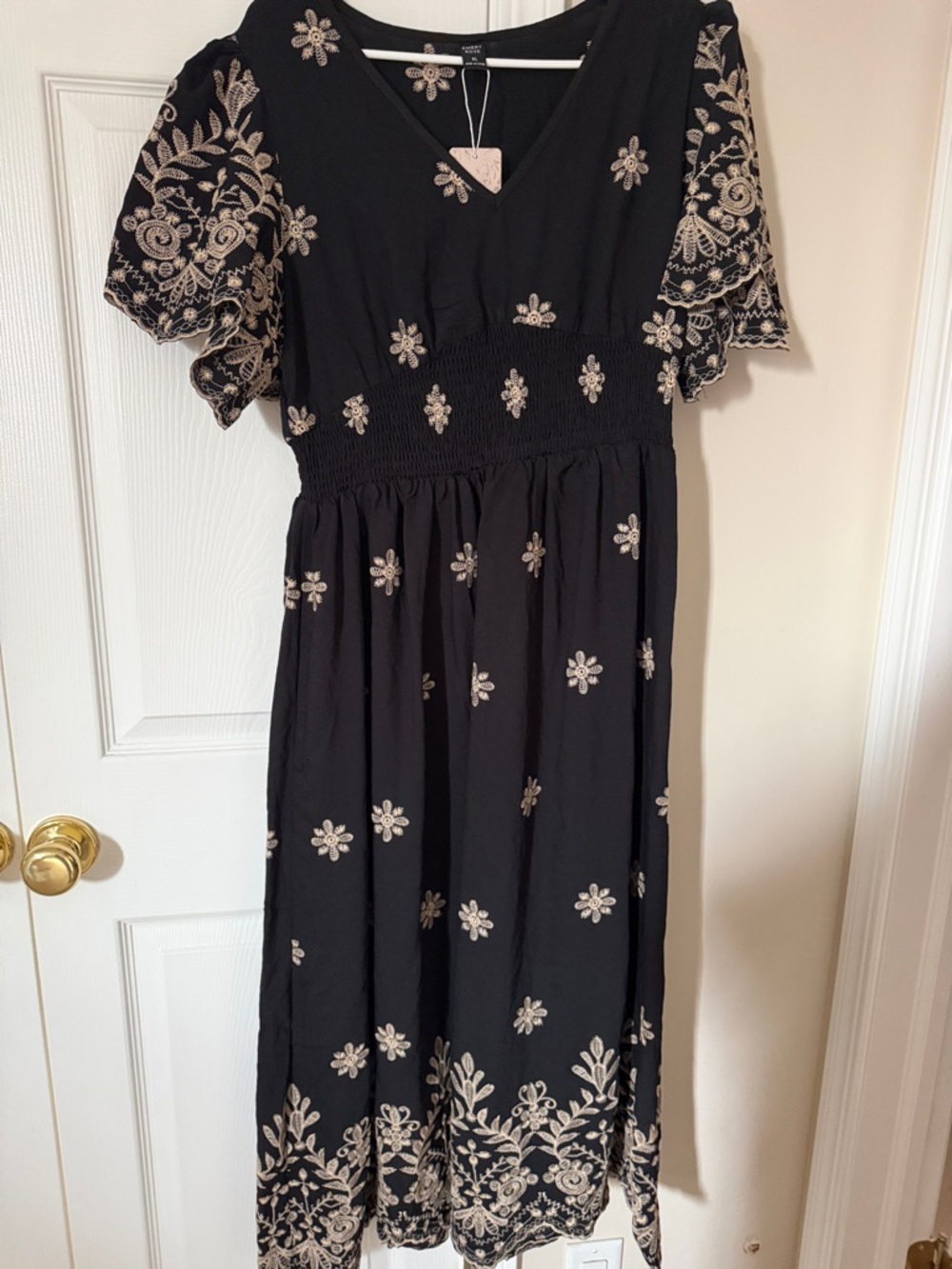 Black Maxi Dress with Cream Floral Embroidery